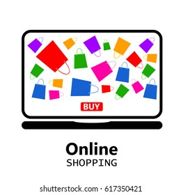 Online shopping, laptop, shopping with a laptop over the internet, packaging for purchases, vector, products, business background, gifts, abstraction