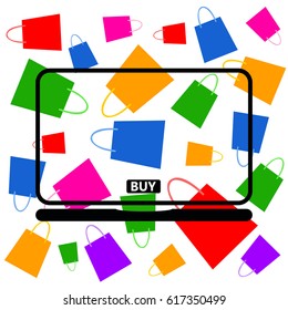 Online shopping, laptop, shopping with a laptop over the internet, packaging for purchases, vector, products, business background, gifts, abstraction