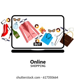 Online shopping, laptop, shopping with a laptop over the internet, packaging for purchases, vector, products, business background, gifts, abstraction