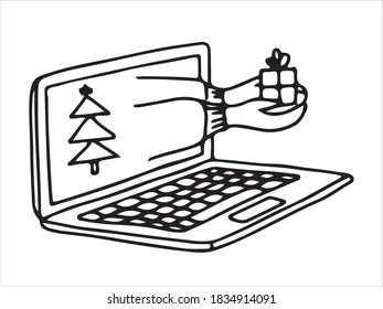 Online shopping.  The laptop screen shows a Christmas tree and arms outstretched with a gift from the screen.  Vector illustration.