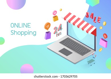 Online Shopping With Laptop Shop Store , Sale Text, Bag, Icon And Shopping Kart Vector With Cute Background