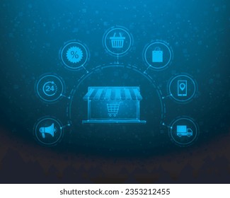 online shopping laptop technology on blue background. e-commerce delivery digital concept. vector illustration fantastic design.