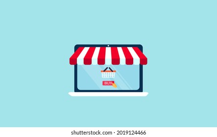 Online shopping with laptop.Store shop on notebook screen display.Online business marketing . Online shopping store shop on laptop screen, E-Commerce business marketing concept, Flat design vector.