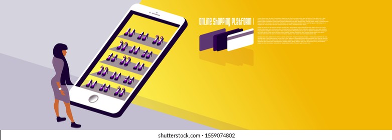 Online shopping. Layout for the landing page of an internet shoe store or layout of an advertising banner. Isometric vector illustration.