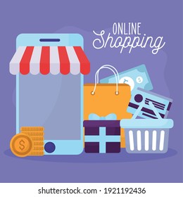 online shopping lettering and bundle of online store icons on a purple background vector illustration design