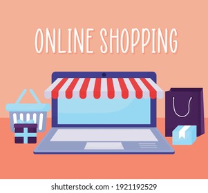online shopping lettering and set of online store icons vector illustration design