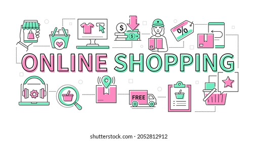 Online shopping - line design style modern banner. Image collection in green and pink color dedicated to convenience of remote purchases. Free shipping, bonuses, discounts, box, goods