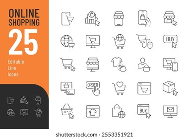 
Linha de compras online conjunto de ícones editáveis. Ilustração vetorial no estilo de linha fina moderna de ícones relacionados ao e-commerce: marketplace, order, purchase e muito mais. Pictogramas e infográficos para aplicativos móveis