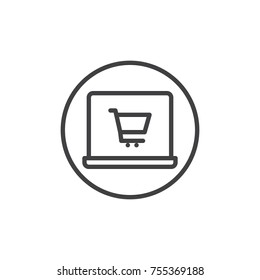 Online shopping line icon, outline vector sign, linear style pictogram isolated on white. Trolley cart on laptop display symbol, logo illustration. Editable stroke