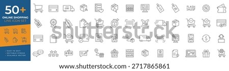 Online shopping line icon set for ecommerce, featuring shopping carts, payment methods, delivery, checkout, promotions, discount coupons, and customer service for digital store interfaces.