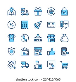 Online shopping line icons. Blue color. Vector line icons set