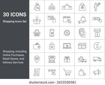 Ícones de linha de compras online. Ícones De Estrutura De Tópicos De Varejo De Comércio Eletrônico. Ícones de linha simples para e-commerce e
Varejo. compras on-line, incluindo pagamento, entrega, descontos e avaliações de clientes