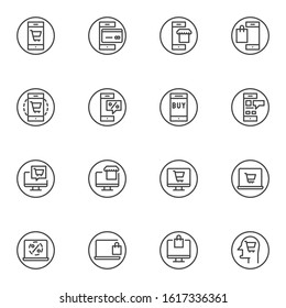 Online shopping line icons set. E-commerce linear style symbols collection, outline signs pack. vector graphics. Set includes icons as online mobile store, computer monitor with shopping cart, support
