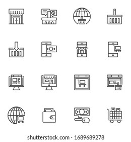 Online shopping line icons set. linear style symbols collection, outline signs pack. vector graphics. Set includes icons as global store, purchase basket, payment transaction, delivery, online support