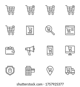 Online shopping line icons set, outline vector symbol collection, linear style pictogram pack. Signs, logo illustration. Set includes icons as shopping cart, purchase payment transaction, delivery