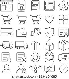 Online Shopping Line Icons Set — A modern and minimalist collection outline icons representing essential elements of e-commerce and digital shopping.