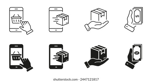 Online Shopping Line and Silhouette Icon Set. Shipping And Payment Symbol Collection. Online Store In Smartphone Pictogram. Delivery Tracking In Mobile Phone Sign. Isolated Vector Illustration.