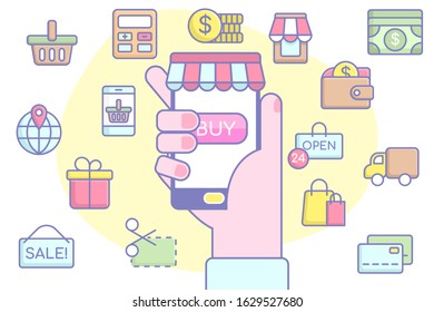 Online shopping line vector illustration. Hand with phone. Purchasing process concept. Background template for mobile concepts and web apps