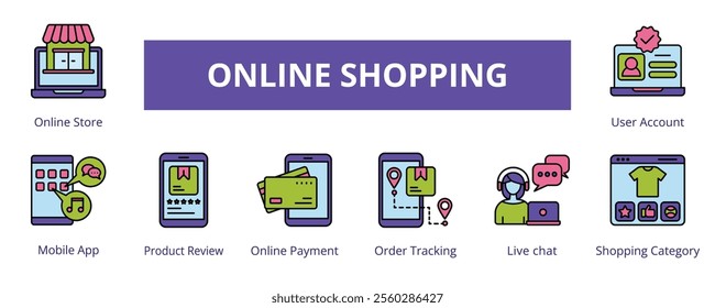 Online Shopping Lineal Color Banner Web Icon Set Vector Illustration