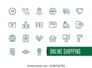 Colección de iconos lineales de compras en línea. Contiene información relacionada con envíos, comercio electrónico, compras, comercio electrónico, compras y más. Diseño de icono de interfaz de usuario delgada. Colección de iconos de contorno de Vector minimalista.