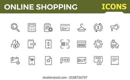 Colección de iconos lineales de compras en línea. Contiene información relacionada con envíos, comercio electrónico, compras, comercio electrónico, compras y más. Diseño de icono de interfaz de usuario delgada. Colección de iconos de contorno de Vector minimalista.