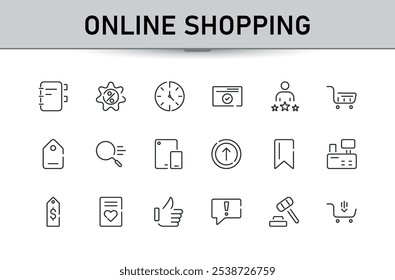 Colección de iconos lineales de compras en línea. Contiene información relacionada con envíos, comercio electrónico, compras, comercio electrónico, compras y más. Diseño de icono de interfaz de usuario delgada. Colección de iconos de contorno de Vector minimalista.