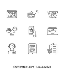 Iconos lineales de compras en línea. Servicio de asistencia al cliente. Opción de pago, comparar el precio del producto. Tienda de Internet. Símbolos de contorno delgado. Ilustraciones aisladas del contorno vectorial. Trazo editable