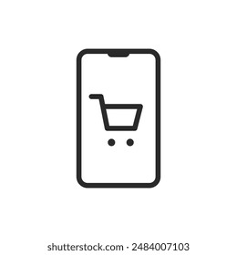 Compras en línea, icono de estilo lineal. Carrito de compras en smartphone. Ancho de trazo editable
