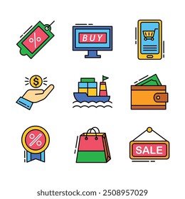 Compras on-line conjunto de ícones de vetor linear. O conjunto contém ícones como Compras, Comércio Eletrônico, Loja, Desconto, Carrinho de Compras, Entrega, Carteira, Correio