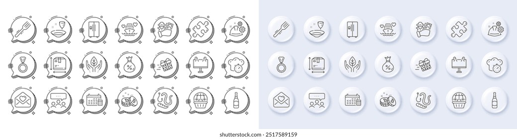 Compras en línea, préstamo y línea de botella de cerveza iconos. Botones 3d de pin blanco, iconos de burbujas de chat. Paquete de proceso de trabajo, carta de amor, icono de comercio justo. Reunión, Crucero de luna de miel, Pictograma de tenedor. Vector