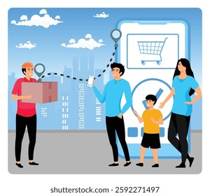Online shopping and logistics concept. Delivery app service. Man delivering a cardboard box to a happy cheerful family standing next to their smart phone. Flat vector modern illustration 
