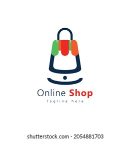 Online Shopping Logo, Blue Shopping Bag Icon Shape Shop Inside Shape phone isolated on White Background. Usable for Online Store Logos. Flat Vector Logo Design Template Element