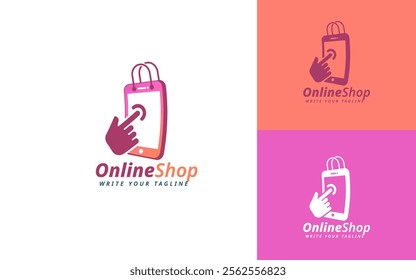 Online Shopping Logo Design With Smartphone Clicking Hand, Bag. Ecommerce Logo, Modern Online Store Logo. Vector Illustration