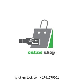 online shopping logo illustration of bags, cards, hands. vector design