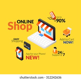 Online shopping logo set, internet store with web interface and app for your phone, on line support, easy shop with credit card