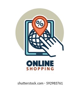 Online shopping logo template. Web store element design of internet tablet with hand on schreen and percent discount sign. Vector isolated icon