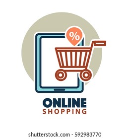 Online shopping logo template. Web store element design of shop cart and internet tablet with percent discount sign. Vector isolated icon