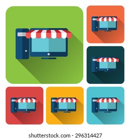 Online shopping  - long shadow flat desktop with awning icon set.