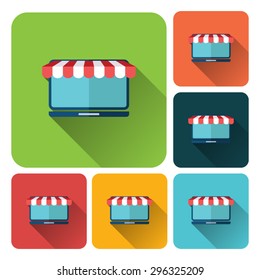 Online shopping - long shadow flat laptop computer with awning icon set. 