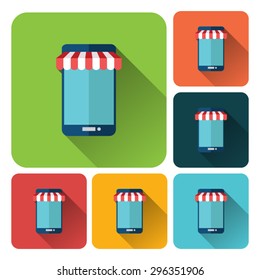 Online shopping - long shadow flat mobile phone with awning icon set. 