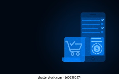 Online shopping low poly design, Mobile banking wireframe mesh polygonal vector illustration made from points and lines on dark blue background