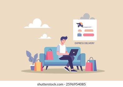 Online shopping made easy. Shop from home.  Man ordering goods online with a hand delivering shopping bags, representing e-commerce, convenience, and fast delivery.