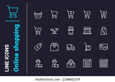 Online shopping and making order icons set vector illustration. Shopping cart, assortment, sale line icon. Shop from home, pay online concept