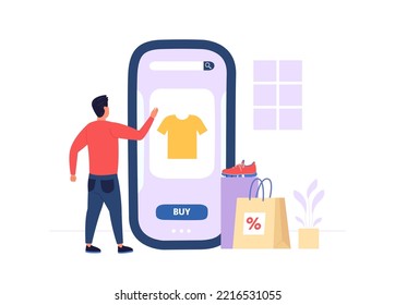 Online Shopping. Male Character Choosing T-shirt On Mobile Phone Screen. Man Doing Digital Payments With Smartphone. E-commerce Concept, Customer Buying Clothes, Shoes Vector Illustration