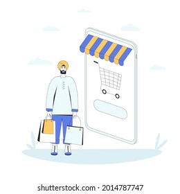 Online shopping. Male person with huge smartphone and shopping bags. Filled line vector illustration.