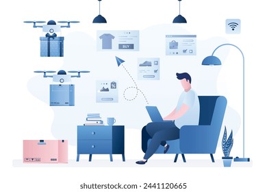 Online shopping. Male shopper sit at home and makes online purchases. Fast contactless delivery, drones gives parcels with goods. Modern technology of e-commerce. Internet shop. Vector illustration  