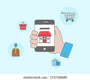 Online Shopping mall illustration set. Basket, Payment, Store Vector drawing. Hand drawn style.
