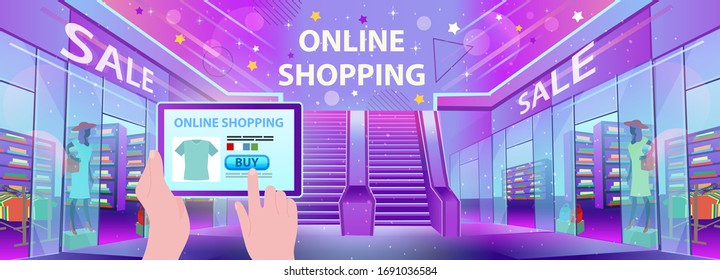 Online shopping. Shopping mall with  stores and an escalator. Online store on screen with hands. Concept of mobile marketing and e-commerce.