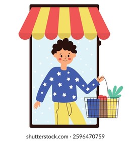 Online shopping man with bags, cartoon illustration on the white background