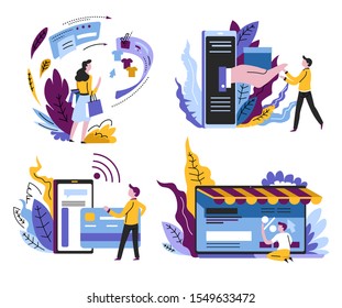 Online shopping. Man with banking card and smart phone, proceeding to payment for gifts. Person reading product discount info on laptop screen. Woman with paper bag choosing item. Vector illustration.